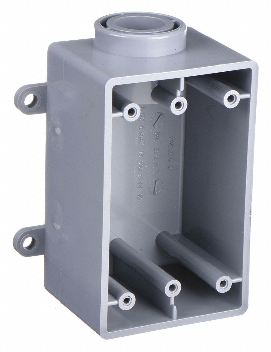 Electrical Box: PVC, Rectangular, 1 Gangs, 1/2 in Hub Size, 22.5 cu in Capacity, Gray