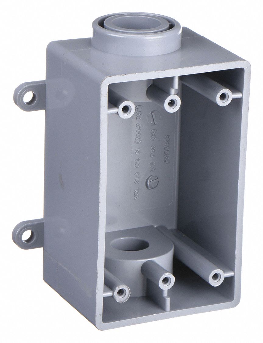 Electrical Box: PVC, Rectangular, 1 Gangs, 1/2 in Hub Size, 21 cu in Capacity, Gray