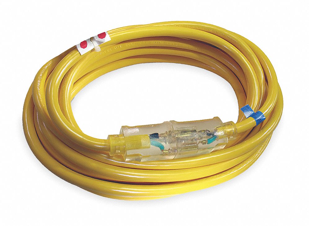 LIGHTED EXTENSION CORD, 50 FT, 10 AWG WIRE SIZE, 10/3, SJTOW, NEMA 5-20P, YELLOW