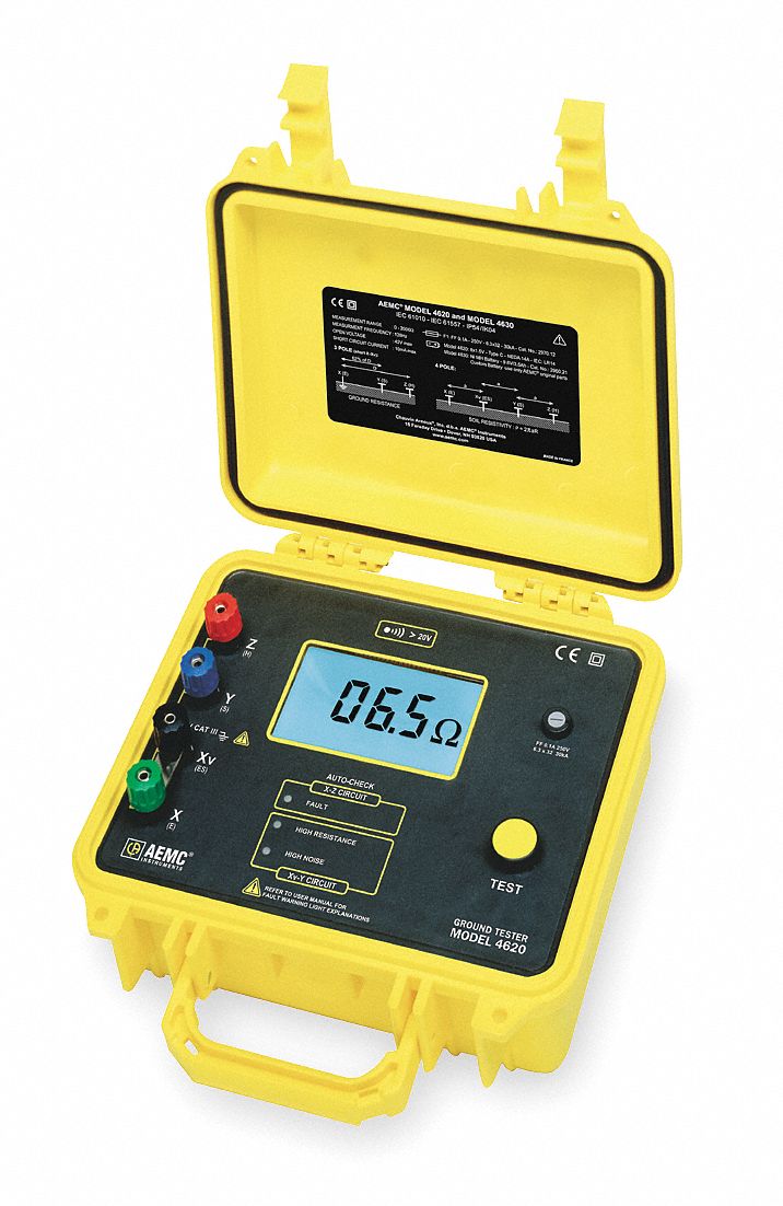 Earth Ground Tester: CAT III, 2,000 ohm Max. Ground Resist, 0 ohm Min. Ground Resist, LCD, 4620