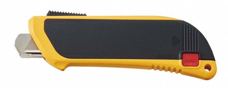 Safety Knife: 5 1/2 in Overall Lg, Textured, 2 in Overall Wd, Plastic, Black/Yellow