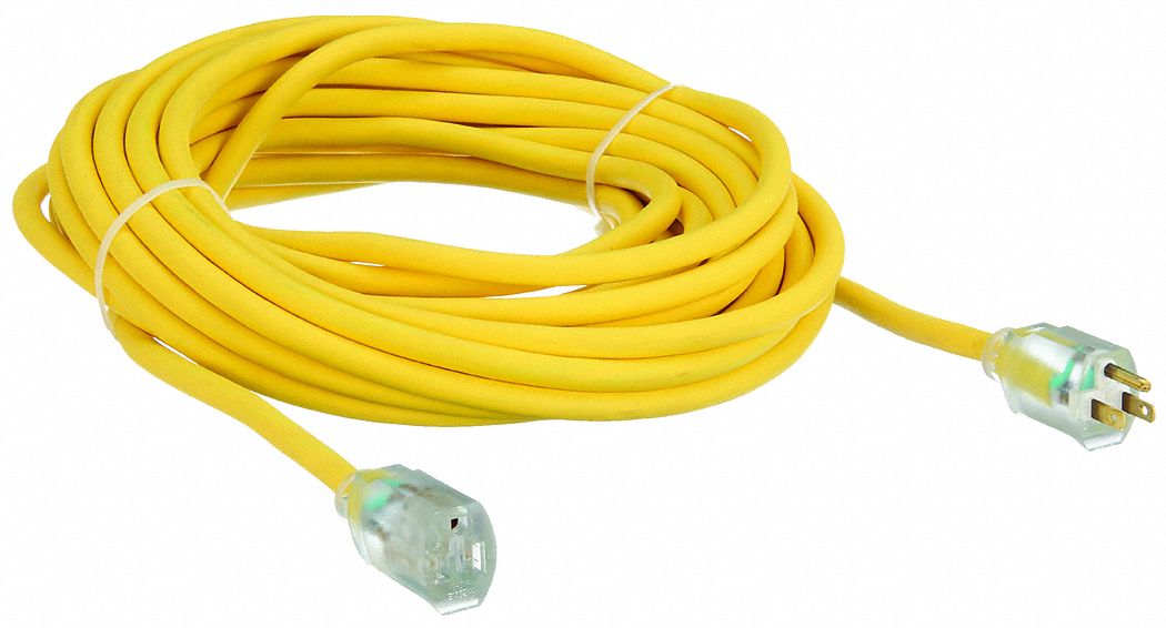 LIGHTED EXTENSION CORD, 50 FT, 12 AWG WIRE SIZE, 12/3, SJTOW, NEMA 5-15P, YELLOW