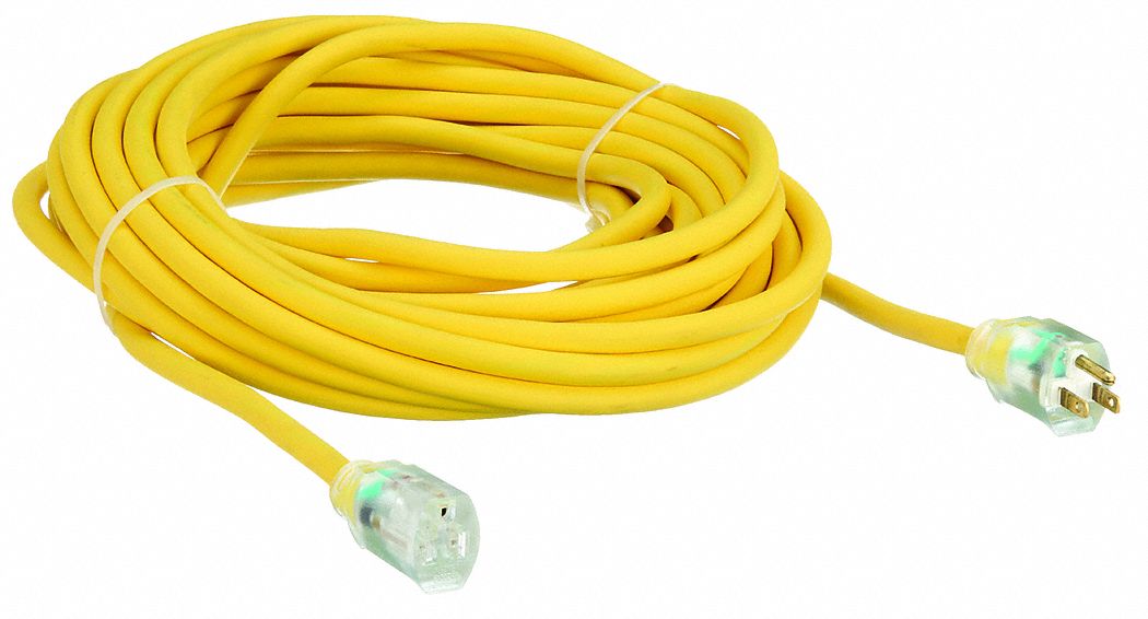 LIGHTED EXTENSION CORD, 50 FT, 10 AWG WIRE SIZE, 10/3, SJTOW, NEMA 5-15P, YELLOW