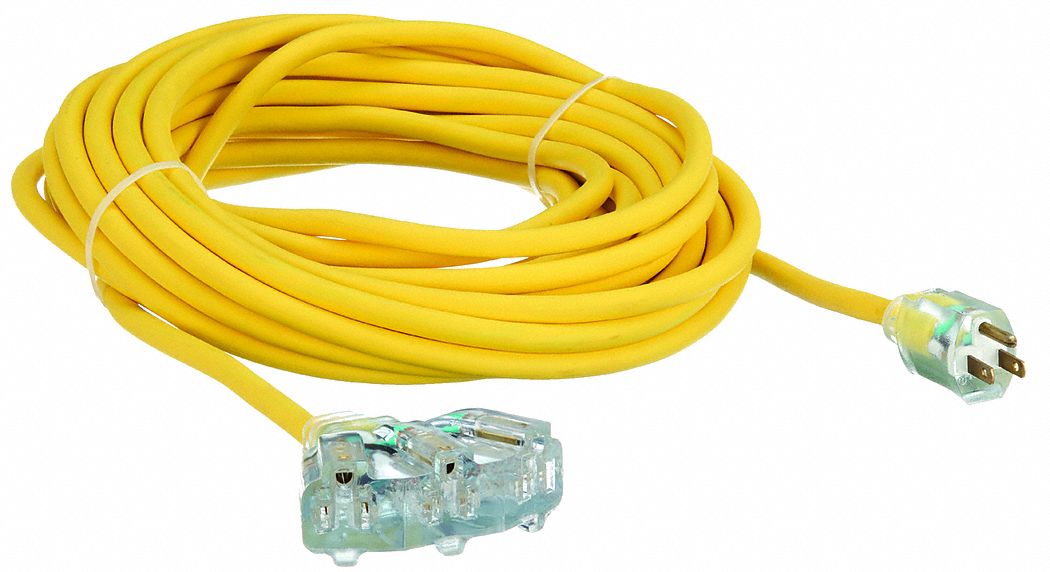 LIGHTED EXTENSION CORD, 50 FT, 12 AWG WIRE SIZE, 12/3, SJTOW, NEMA 5-15P, YELLOW