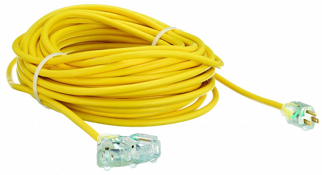 LIGHTED EXTENSION CORD, 100 FT CORD, 12 AWG WIRE SIZE, 12/3, SJTOW, NEMA 5-15P