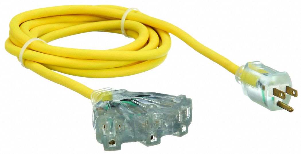 LIGHTED EXTENSION CORD, 10 FT, 14 AWG WIRE SIZE, 14/3, SJTOW, NEMA 5-15P, YELLOW