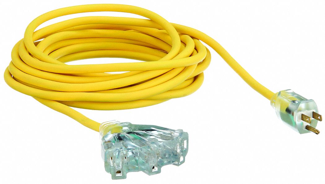 LIGHTED EXTENSION CORD, 25 FT, 14 AWG WIRE SIZE, 14/3, SJTOW, NEMA 5-15P, YELLOW