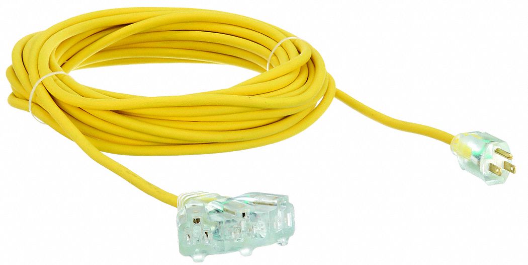 LIGHTED EXTENSION CORD, 50 FT, 14 AWG WIRE SIZE, 14/3, SJTOW, NEMA 5-15P, YELLOW