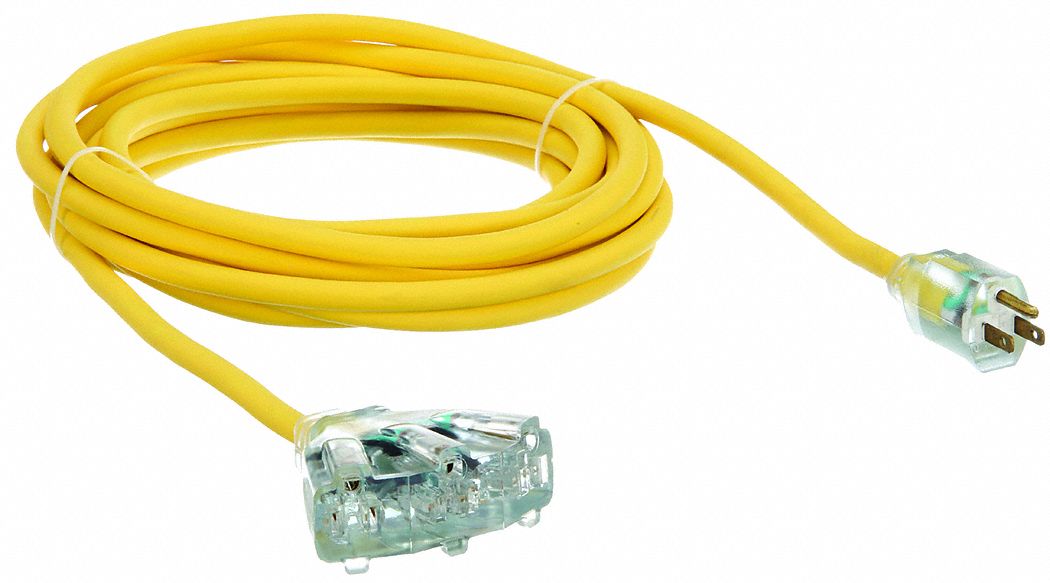 Extension Cord: 25 ft Cord Lg, 12 AWG Wire Size, 12/3, SJTOW, NEMA 5-15P, Yellow