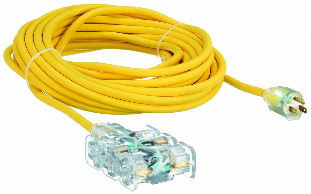 LIGHTED EXTENSION CORD, 50 FT, 12 AWG WIRE SIZE, 12/3, SJTOW, NEMA 5-15P, YELLOW