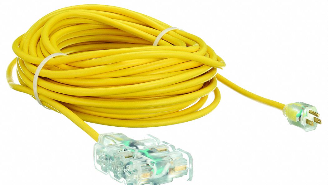 LIGHTED EXTENSION CORD, 100 FT, 12 AWG WIRE SIZE, 12/3, SJTOW, NEMA 5-15P, BLOCK