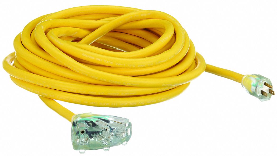 LIGHTED EXTENSION CORD, 50 FT, 10 AWG WIRE SIZE, 10/3, SJTOW, NEMA 5-15P, YELLOW