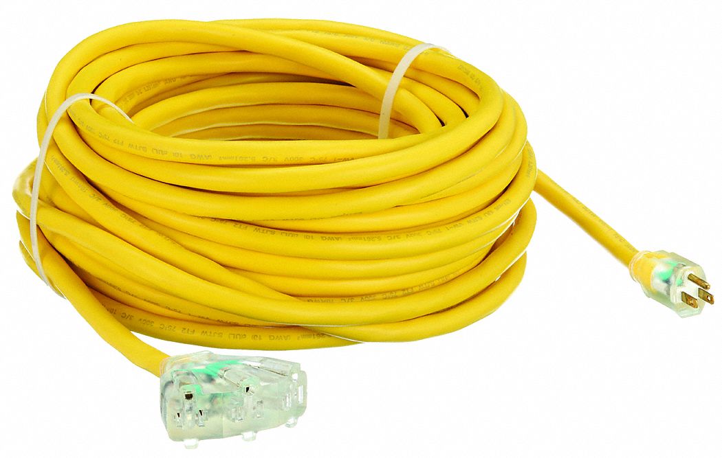 LIGHTED EXTENSION CORD, 100 FT, 10 AWG WIRE SIZE, 10/3, SJTOW, NEMA 5-15P, ROUND