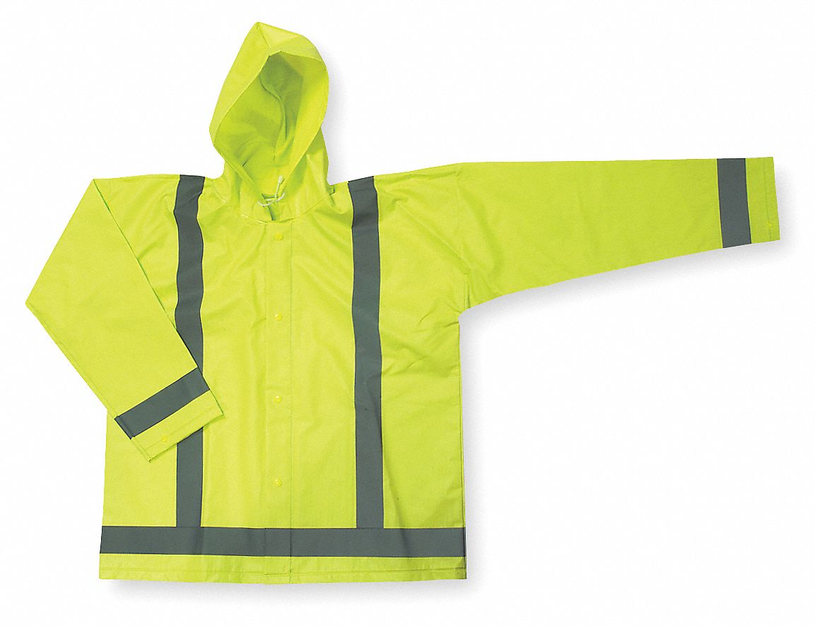 UNISEX HI-VIS GREEN RAIN JACKET, DETACHABLE HOOD, M, SNAPS, POLYESTER/NYLON, 0.45 MM