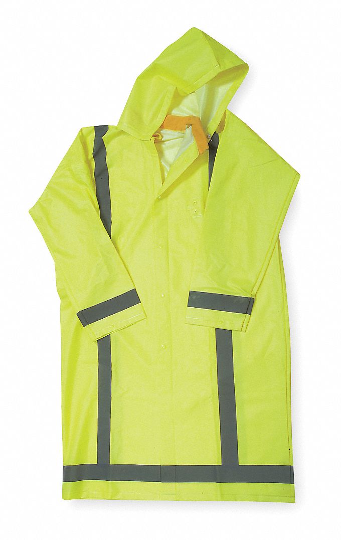 UNISEX HI-VIS GREEN RAIN JACKET, DETACHABLE HOOD, M, SNAPS, POLYESTER/NYLON, 0.35 MM