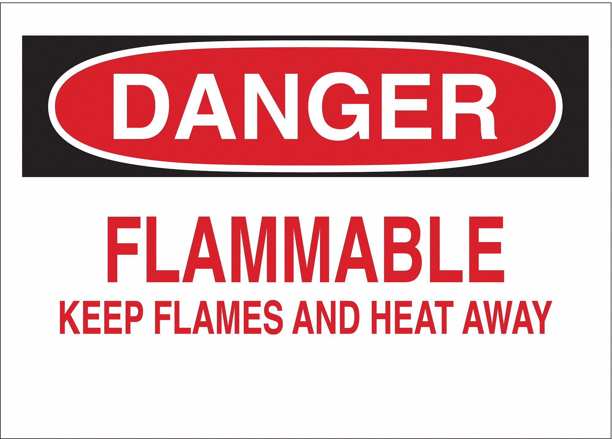 DANGER SIGN, FIBREGLASS, FLAMMABLE KEEP FLAMES & HEAT AWAY, HEADER DANGER, RECTANGLE, 10 IN H, MOUNTING HOLES, WHITE
