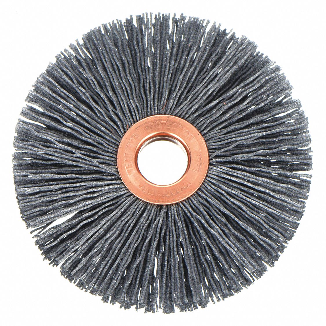 Wire Wheel Brush: Crimped Nylon, 2" Dia x 3/8" Wd, 1/2" Arbor, 0.04" Fill, 120 Grit