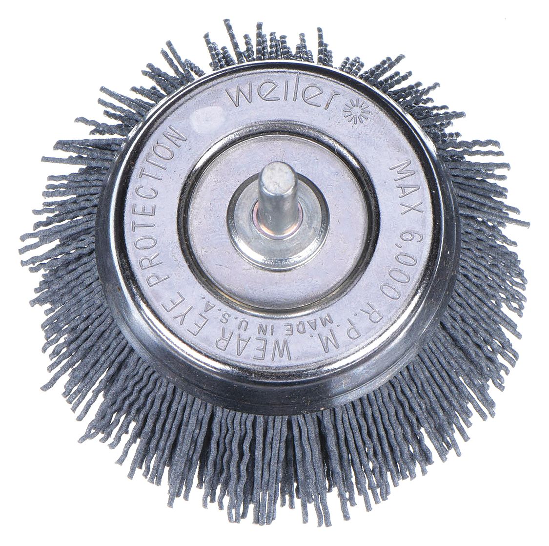 CUP BRUSH, CRIMPED ABRASIVE NYLON, 2¾ IN BRUSH DIAMETER, ¼ IN SHANK, 0.035 IN FILL DIAMETER