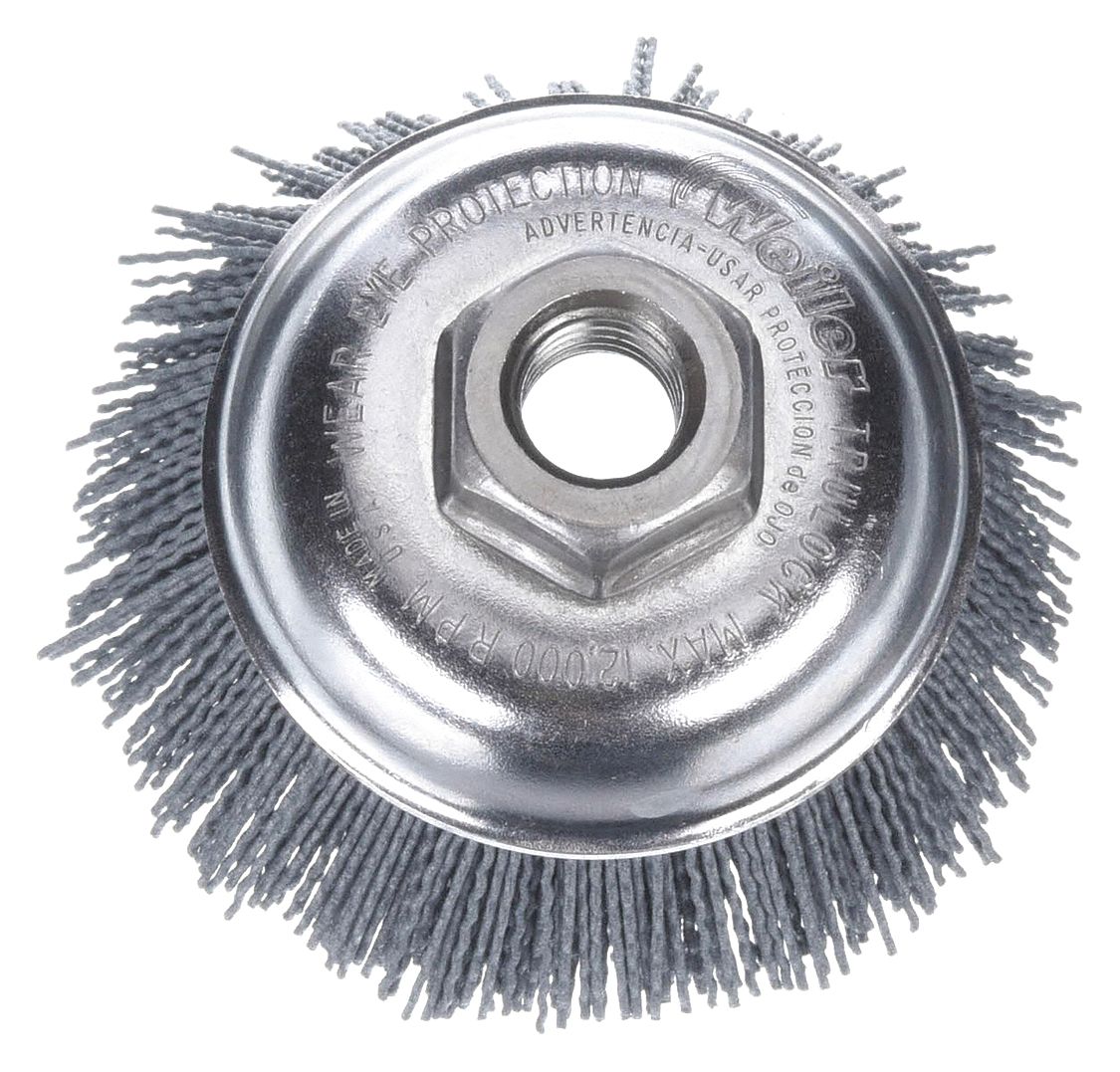 CUP BRUSH, CRIMPED ABRASIVE NYLON, 3½ IN DIAMETER, 0.035 IN FILL DIAMETER, 5/8