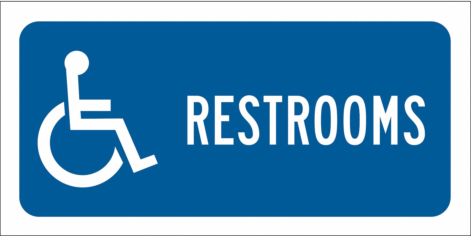 RESTROOM SIGN, POLYESTER, 12 IN WIDTH, 6 IN HEIGHT, BLUE/WHITE, ADHESIVE SURFACE