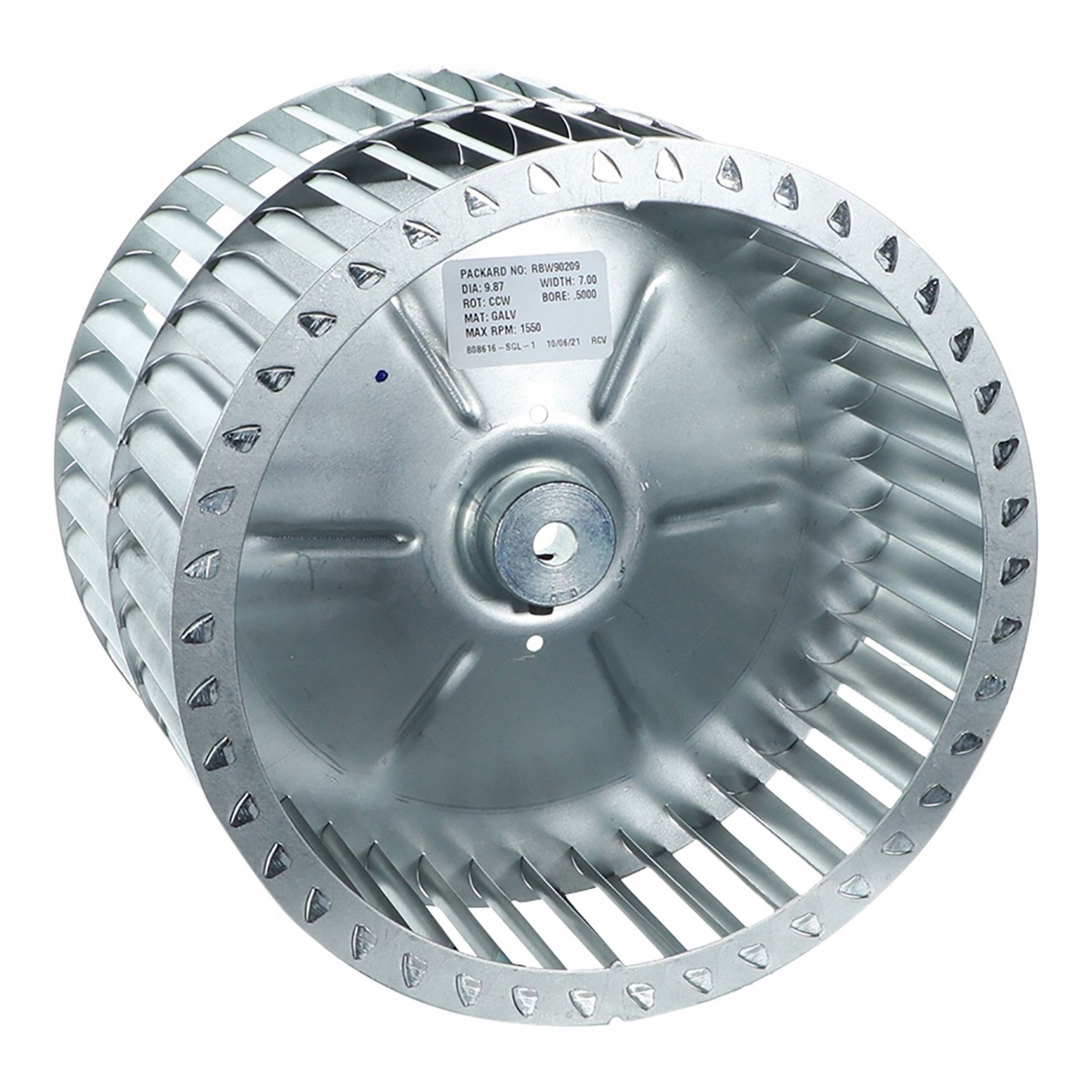 Blower Wheel: Forward-Curved, 9 7/8 in Dia, 7 in W, CCW Hub End, Steel Wheel, 2 Inlets, 1/2 in Bore (MPN FC987-700D L). Key specifications — Manufacturer Part Number: FC987-700D L; Brand: REVCOR; Product Type: Blower Wheel; Rotation: CCW Hub End.