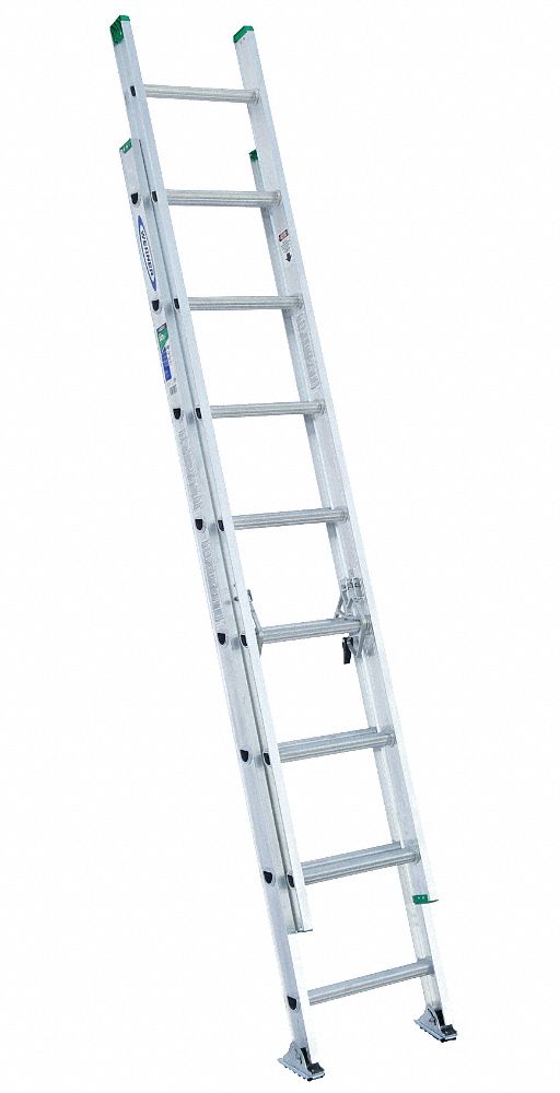 Extension Ladder: 16 ft Industry Ladder Size, 13 ft Extended Ladder Ht, D-Rung, 22 lb Net Wt