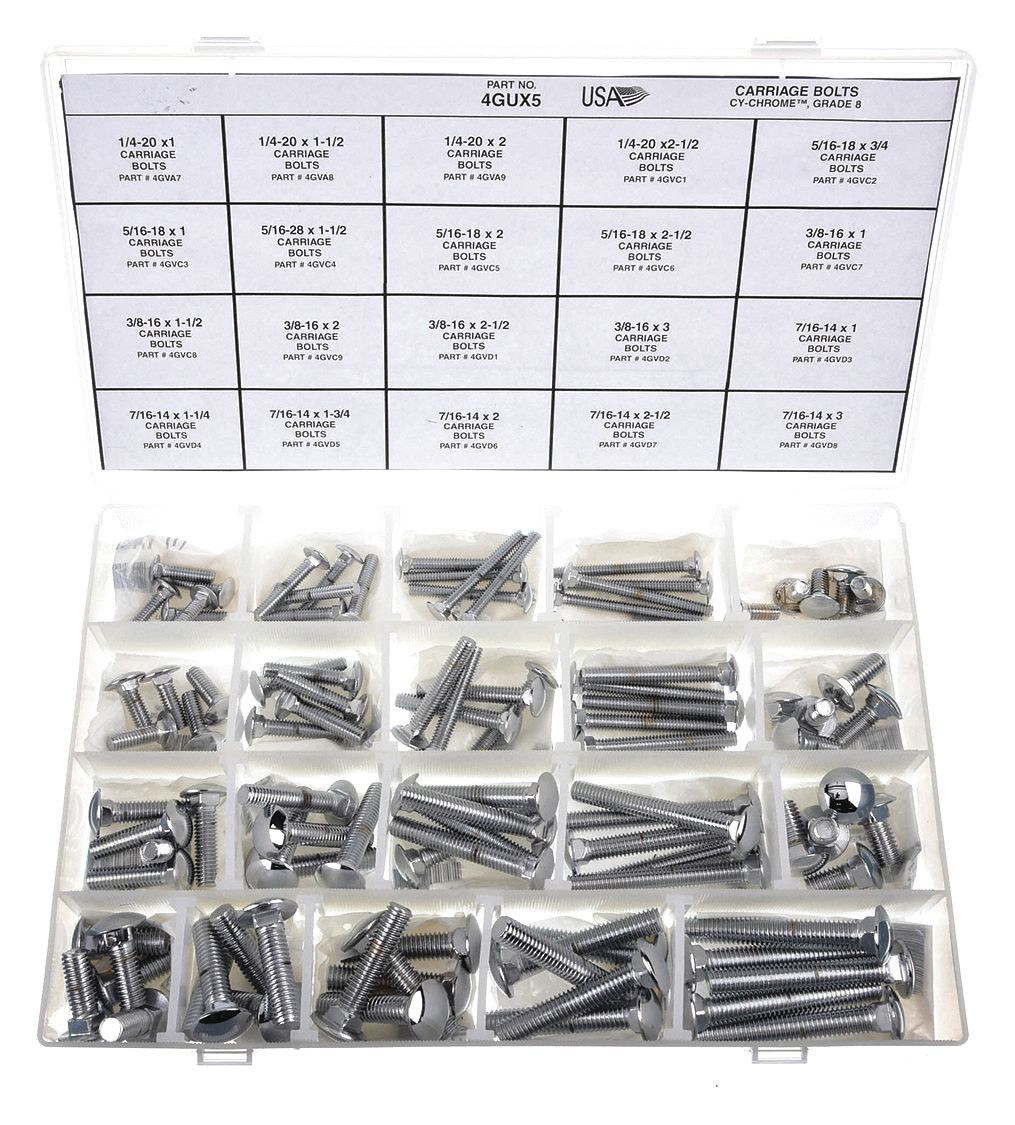 ASSORTIMENT BOUL. DE CARROSSERIE,ACIER,GRADE 5,CHROMÉ,FIN,POUCE,55PC,COFFRET PLASTIQUE