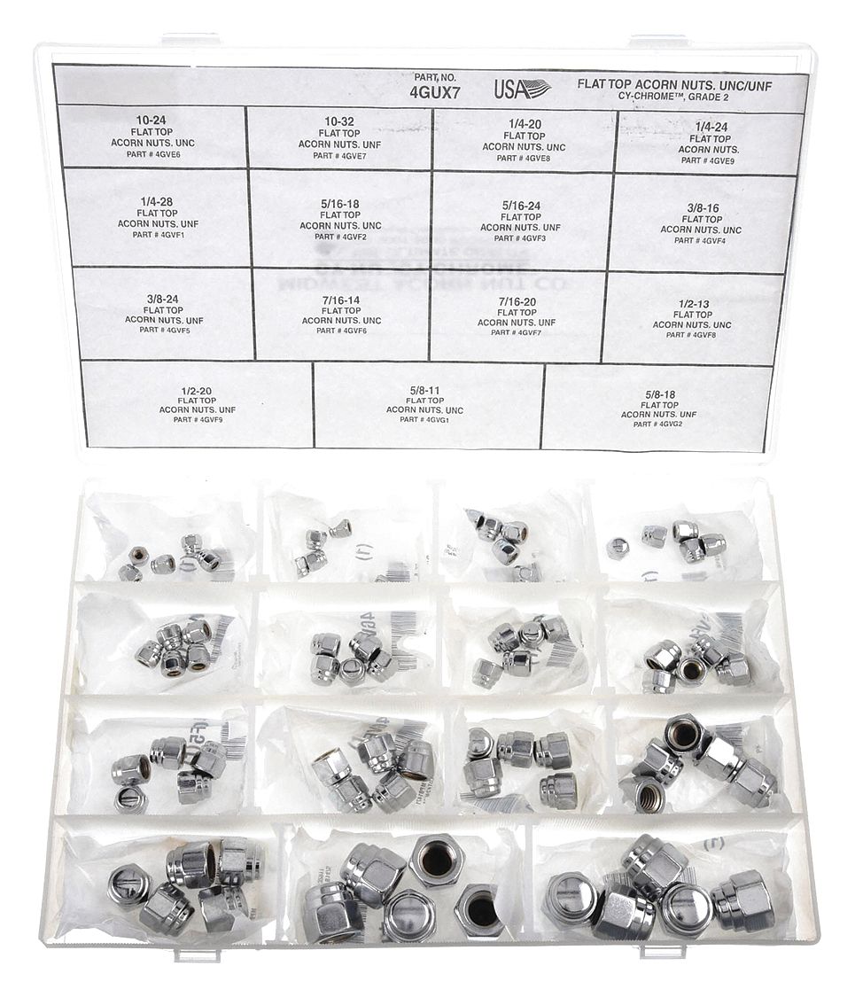 Nut Assortment: Steel, Chrome-Plated, 75 Nuts, 15 Thread Sizes, Std Hex Nut, Std