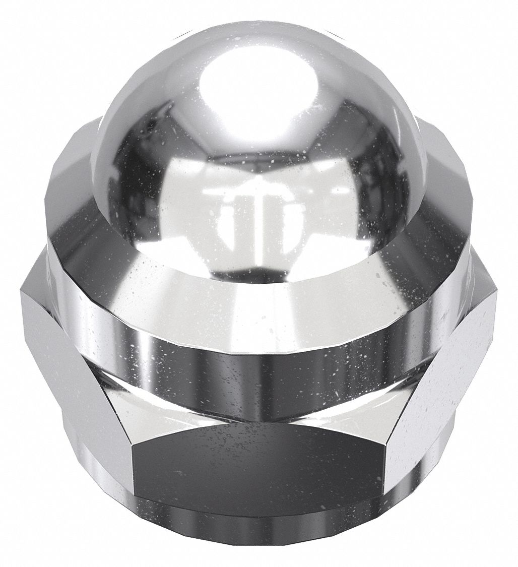 Cap Nut: Flattened Head, #10-24 Thread, Chrome-Plated, 12L14, Steel, 0.41 in Ht, 3/8 in Hex Wd, 5 PK