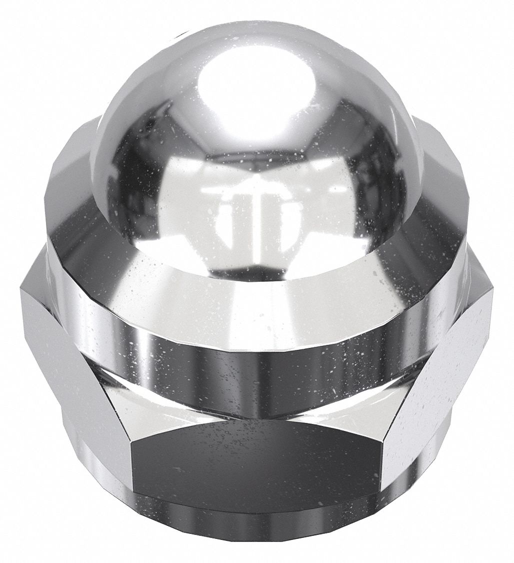 Cap Nut: Flattened Head, #10-32 Thread, Chrome-Plated, 12L14, Steel, 0.41 in Ht, 3/8 in Hex Wd, 5 PK