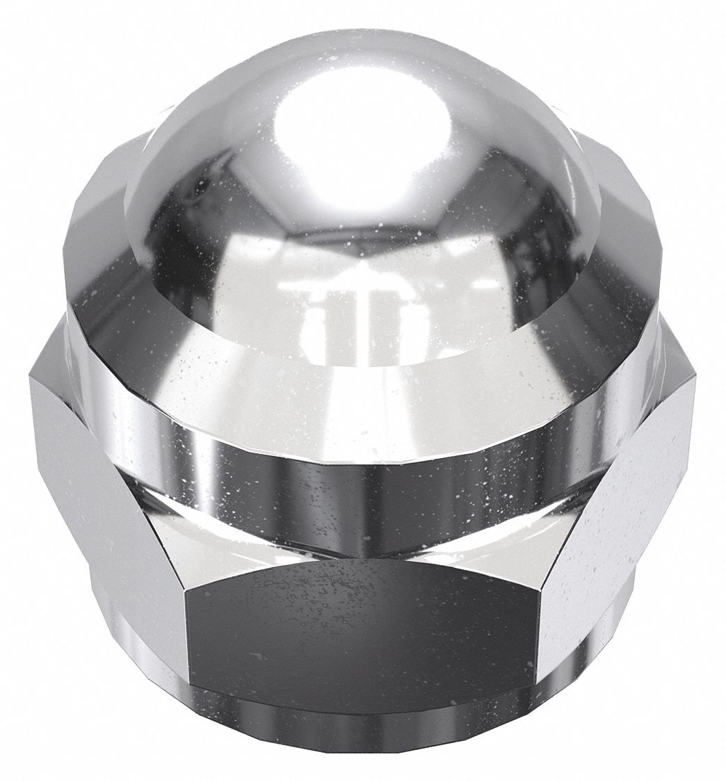 Cap Nut: Flattened Head, 1/4"-24 Thread, Chrome-Plated, 12L14, Steel, 0.47 in Ht, 5 PK