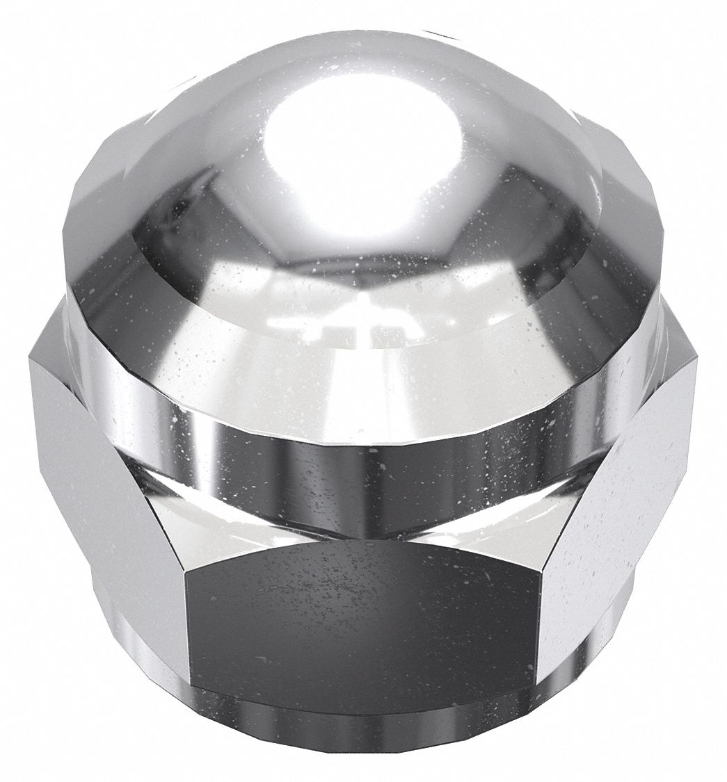 Cap Nut: Flattened Head, 5/16"-18 Thread, Chrome-Plated, 12L14, Steel, 0.53 in Ht, 5 PK