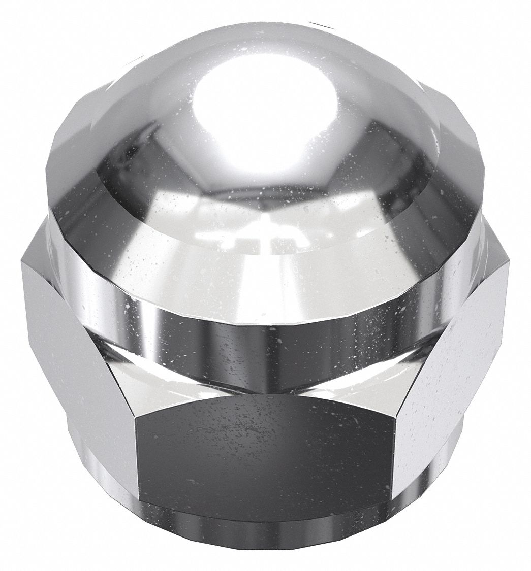 Cap Nut: Flattened Head, 5/16"-24 Thread, Chrome-Plated, 12L14, Steel, 0.53 in Ht, 5 PK