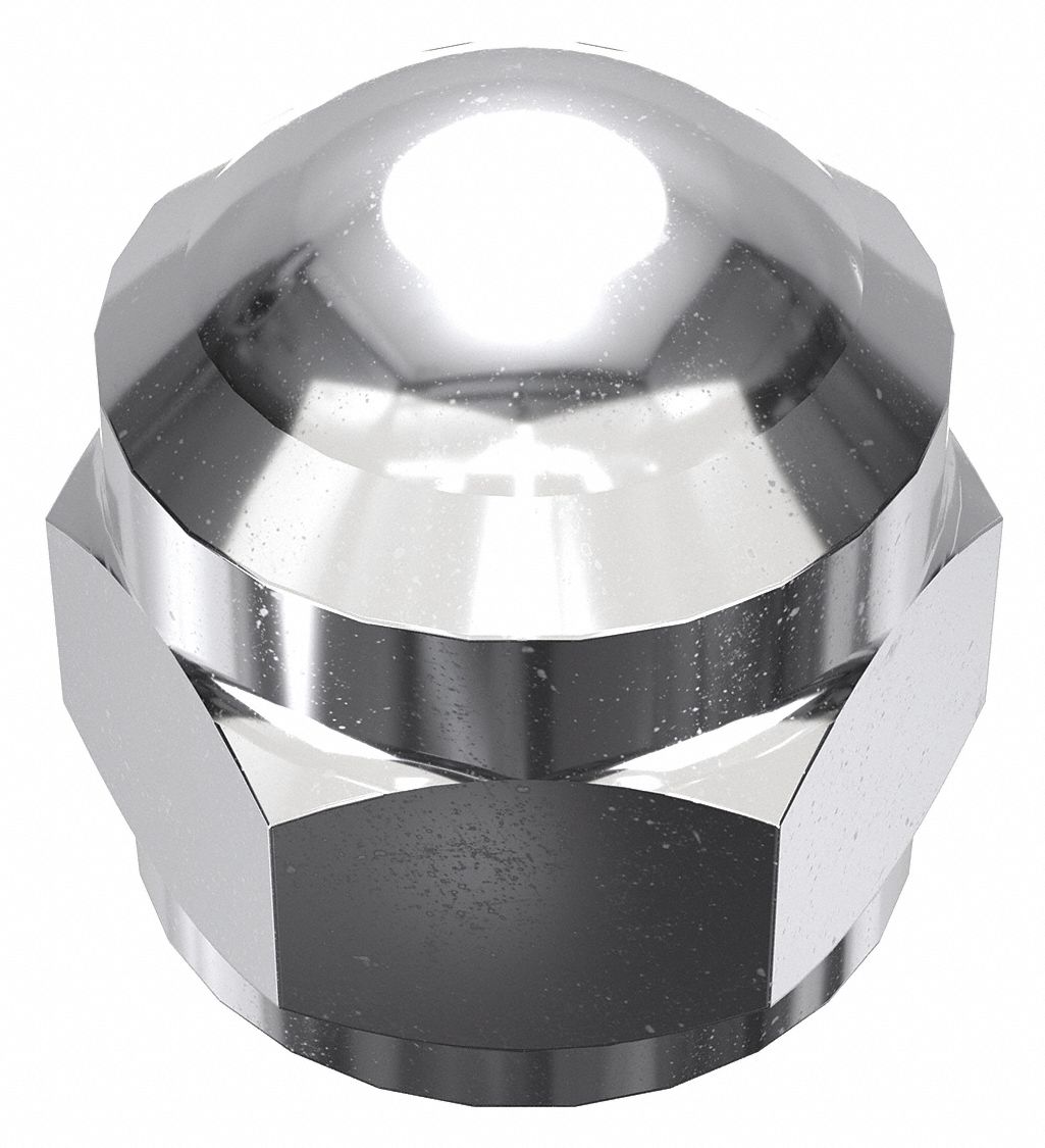 Cap Nut: Flattened Head, 3/8"-16 Thread, Chrome-Plated, 12L14, Steel, 0.62 in Ht, 5 PK