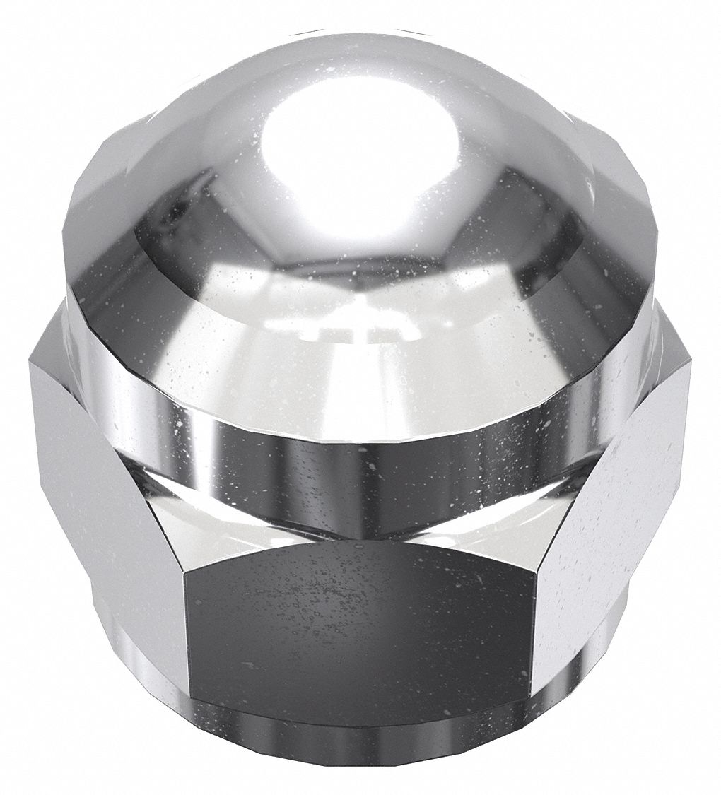 Cap Nut: Flattened Head, 3/8"-24 Thread, Chrome-Plated, 12L14, Steel, 0.62 in Ht, 5 PK