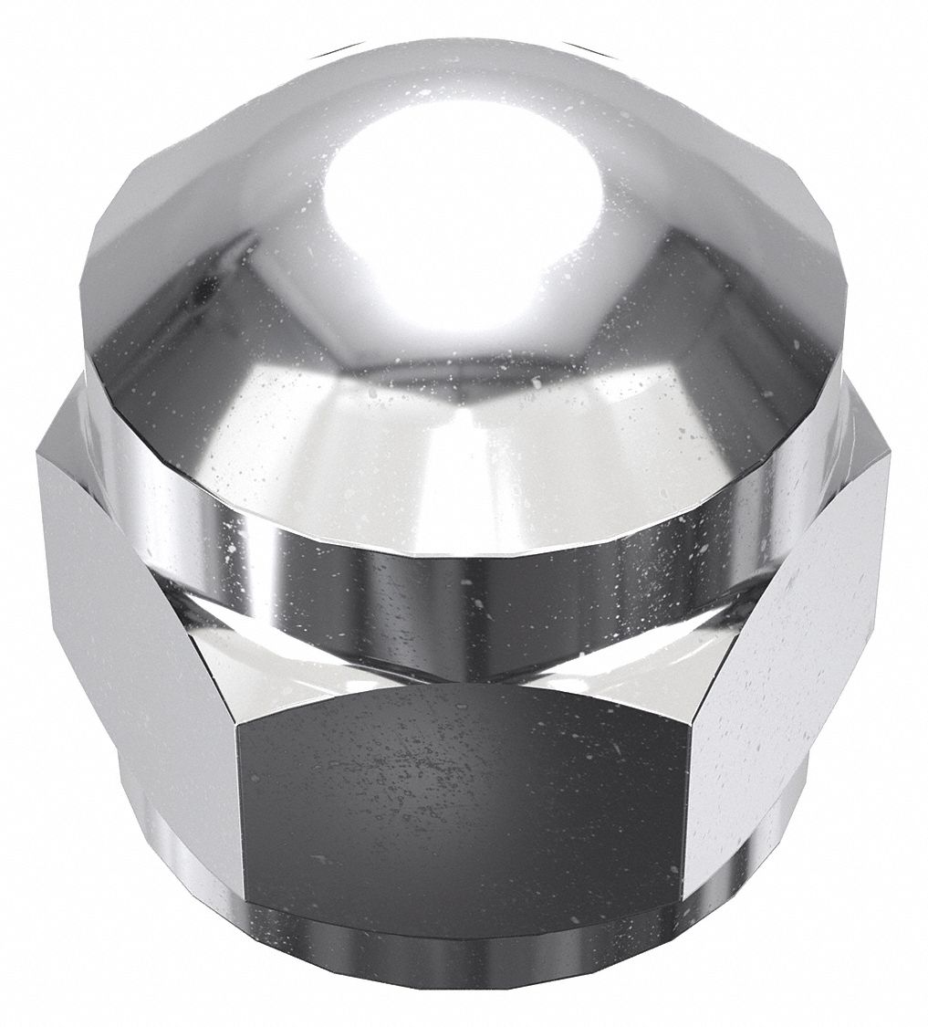 Cap Nut: Flattened Head, 7/16"-14 Thread, Chrome-Plated, 12L14, Steel, 0.69 in Ht, 5 PK