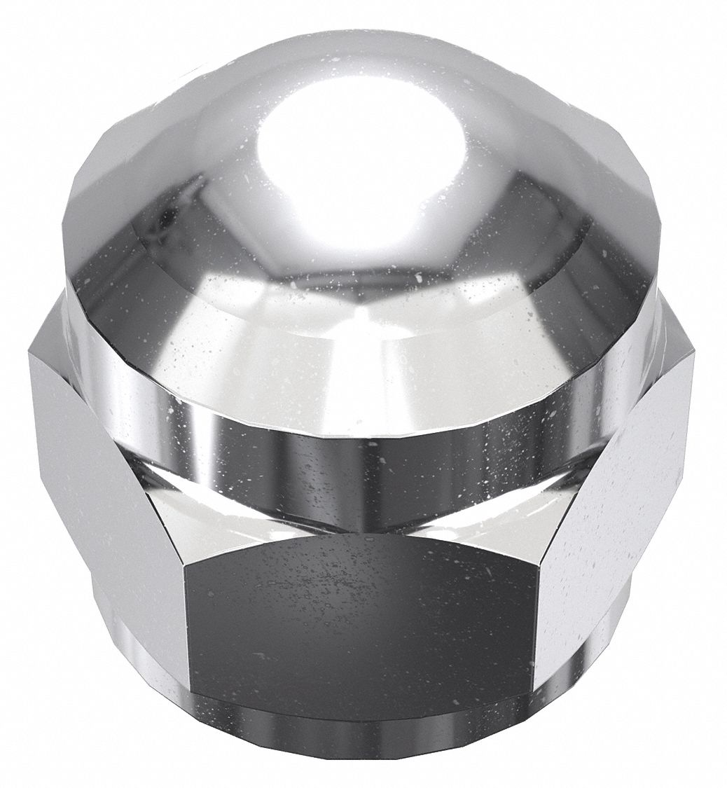 Cap Nut: Flattened Head, 1/2"-13 Thread, Chrome-Plated, 12L14, Steel, 0.812 in Ht, 5 PK