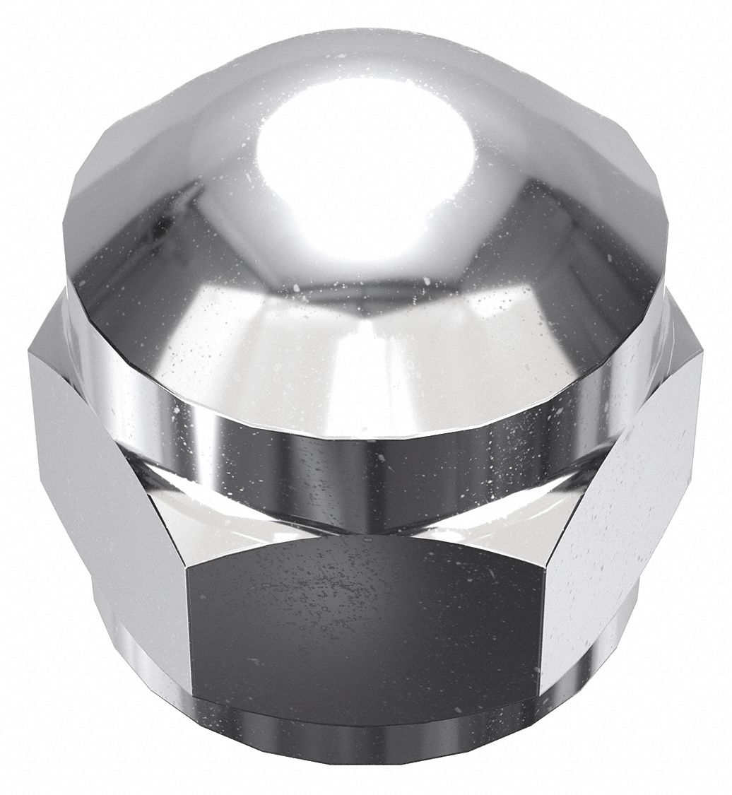 Cap Nut: Flattened Head, 5/8"-18 Thread, Chrome-Plated, 12L14, Steel, 1 in Ht, 15/16 in Hex Wd, 5 PK