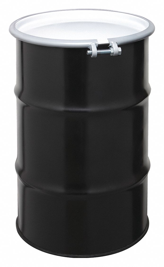 TRANSPORT DRUM, STEEL, 30 GALON, BOLT RING, BLACK/WHITE, 18 GA/18 GA/18 GA