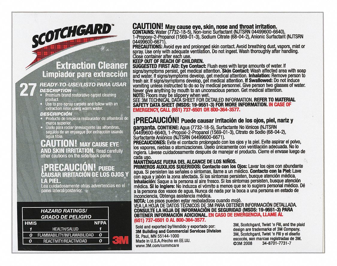Secondary Bottle Label: 11 in Ht, 8 1/2 in Wd, Scotchgard Carpet Extraction Cleaner 27, 12 PK
