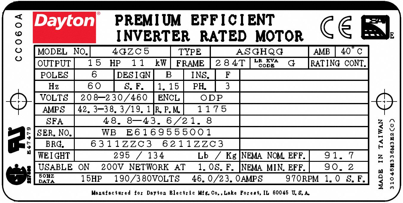 DAYTON General Purpose Motor, 15 HP, 3Phase, Nameplate RPM 1175