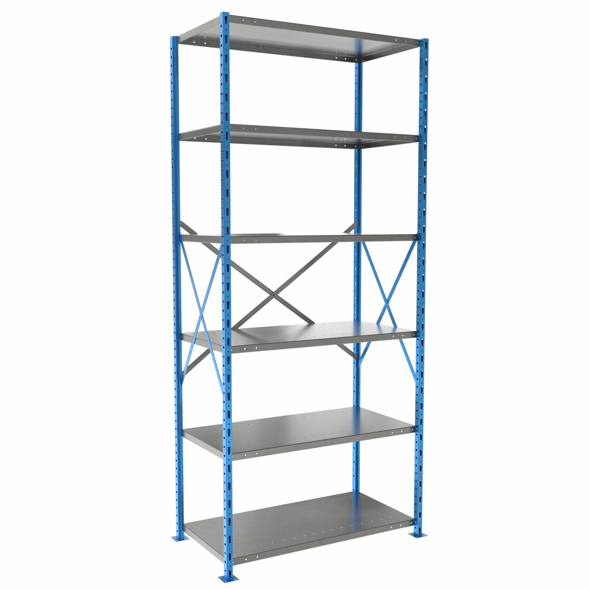 Metal Shelving: Starter, Heavy-Duty, 36 in x 18 in, 87 in Overall Ht, 6 Shelves