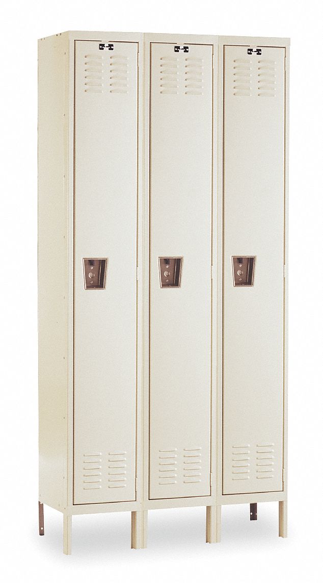 Wardrobe Locker: 36 in x 12 in x 66 in, Louvered, 1 Tiers, 3 Units Wide, Padlock Hasp, Tan