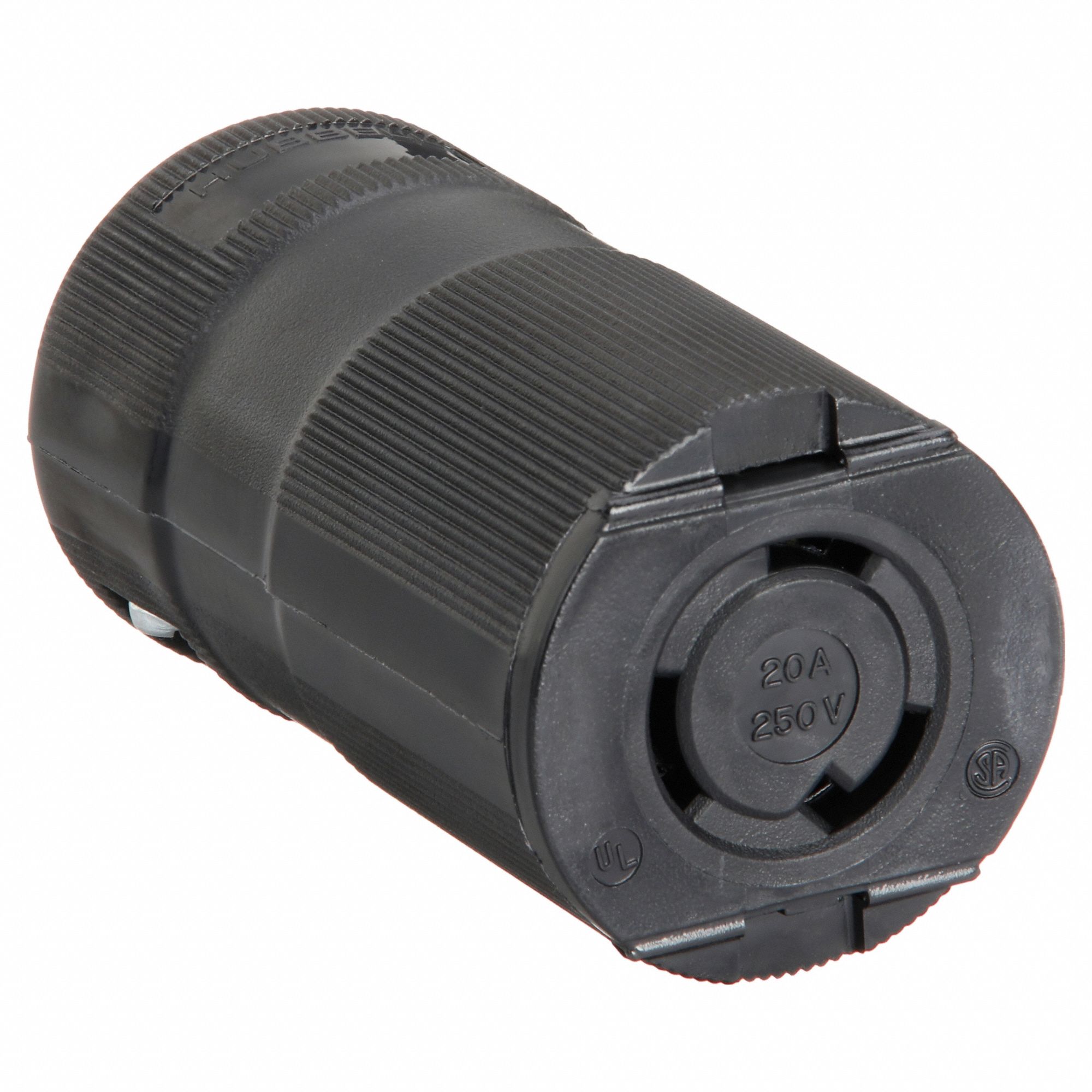 Midget Locking Connector: L6-20R, 20 A, 250V AC, 2 Poles, Black, Screw Terminals
