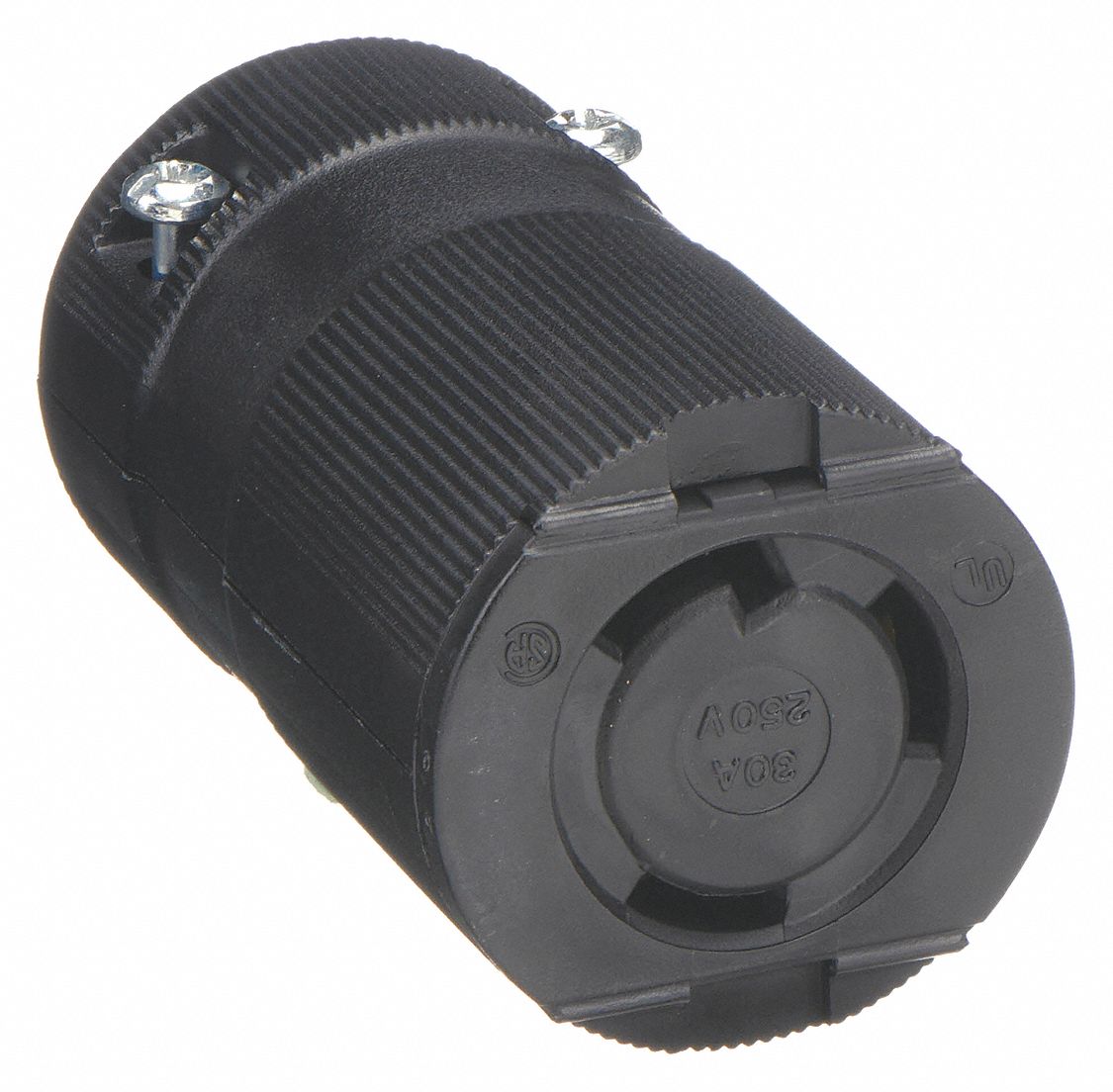 Midget Locking Connector: L6-30R, 30 A, 250V AC, 2 Poles, Black, Screw Terminals