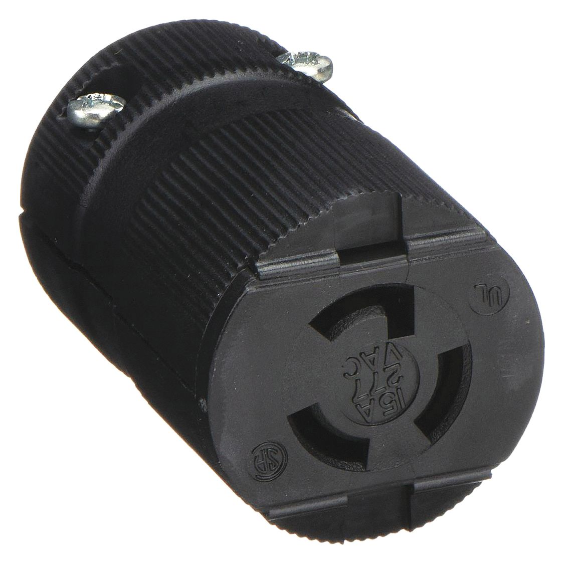 Midget Locking Connector: L7-15R, 15 A, 277V AC, 2 Poles, Black, Screw Terminals