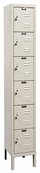 Box Locker: 12 in x 18 in x 78 in, 6 Tiers, 1 Units Wide, Louvered, Padlock Hasp, Tan, Tan