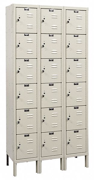 Box Locker: 36 in x 12 in x 78 in, 6 Tiers, 3 Units Wide, Louvered, Padlock Hasp, Tan, Tan