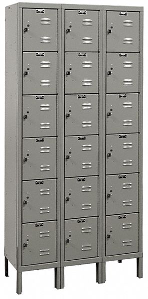 Box Locker: 36 in x 12 in x 78 in, 6 Tiers, 3 Units Wide, Louvered, Padlock Hasp, Gray