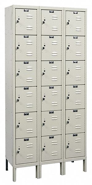 Box Locker: 36 in x 12 in x 78 in, 6 Tiers, 3 Units Wide, Louvered, Padlock Hasp, Tan, Tan